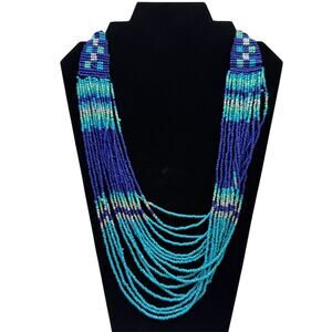 Boho Chic Seed Beaded Statement Necklace Multi-Strand Blue Turquoise Silver‎ 21"